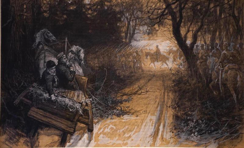 Antoni Kamieński (1860-1933), Pochód wojska, ilustracja do noweli Henryka Sienkiewicza „We mgle”, przed 1912, węgiel, gwasz, papier, MNW – ilustracja za „Wszystko co Najważniejsze”.