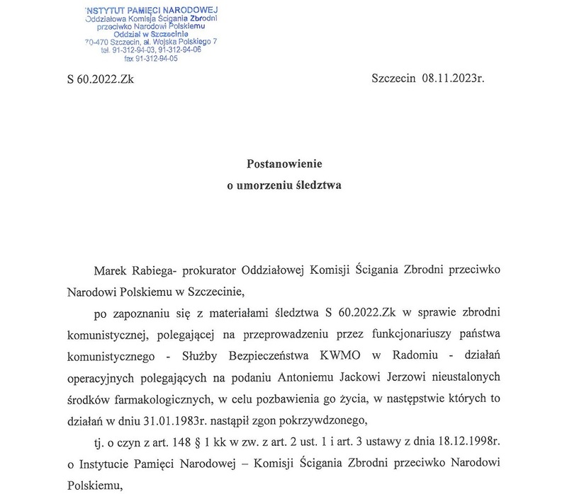 Postanowienie o umorzeniu śledztwa